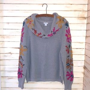 Sundance Cowl Neck Sweater Gray Embroidered Flowers Women’s Size Large